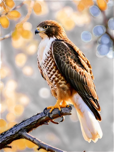 Wild hawk, sharp talons, strong wings, feathers in shades of brown, white belly, hooked beak, fierce eyes, perched on branch, spread wings, morning sunlight, high-angle shot, dramatic composition, bok