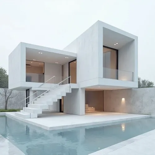 A hyper-minimal modern villa made of white exposed concrete and GRC, featuring two offset cubes, delicate black window frames, shadow-cut joints, sharp cantilevers, vertical voids, sculptural stairs, 