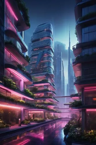 Modern architectural design settlement, futuristic cityscape, sleek lines, minimalist structures, gleaming metals, transparent glass, LED lights, rooftop gardens, winding staircases, cantilevered buil