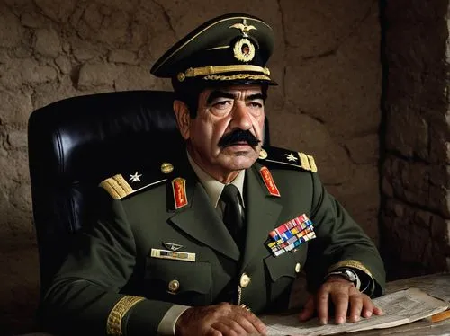 Saddam Hussein, former Iraqi president, mature man, solo, (60s), serious facial expression, thick mustache, dark hair, wearing military uniform, Saddam's iconic hat, sitting, bunker interior, dim ligh