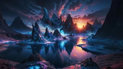 fantastic alien landscape,an artistic landscape of mountains and a lake,fantasy landscape,alien world,fantasy picture,alien planet,futuristic landscape,fractal environment