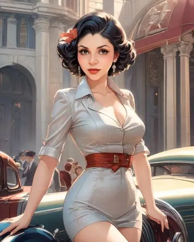 a painting of a women posing next to her car,retro pin up girl,retro woman,retro girl,retro women,retro pin up girls,pin up girl