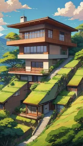 A detailed oil painting: a modern, minimalist house with four floors, brown wood, and a sloped roof, stands on a gentle slope. The warm-hued hill and greenery add warmth, while the composition's symme