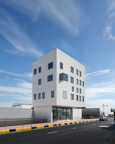 Modern architecture, minimalist design, office building, white color,a building that has windows along the sides of it,newbuilding,new building,masdar,modern building,residencial,office building