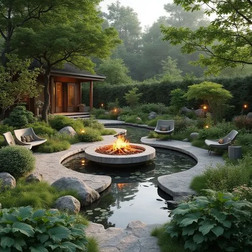 a garden with a design following the principles of feng shui and some ditches and water ponds where Koi fish will live and in the middle a firepit where people will meet. The garden should have wilder