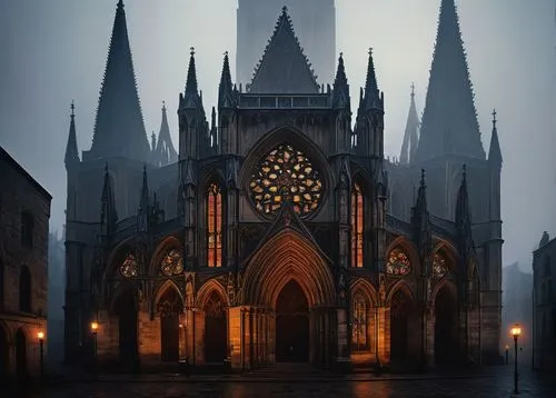 Gothic cathedral, intricate stone carvings, pointed arches, ribbed vaults, flying buttresses, stained glass windows, grandiose entrance, ornate doorways, tall spires, dramatic lighting, misty atmosphe