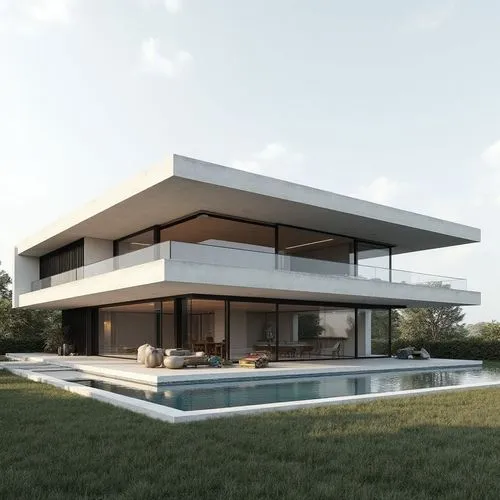 Exactly THREE full visible floors, identical floor heights, never generate a two-story villa. Timeless contemporary minimalist villa with strong horizontal composition, two interlocking horizontal vol