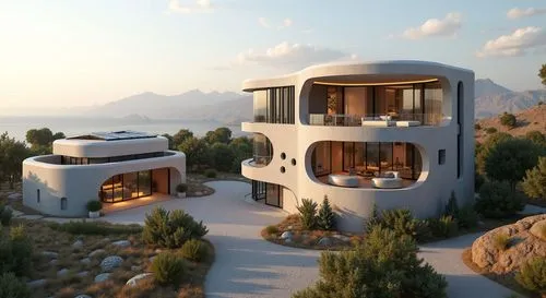 Photorealistic architectural visualization of a very luxurious, round edges, futuristic off-grid residential villa that has 3 floors. The residence is constructed entirely from hempcrete and features 