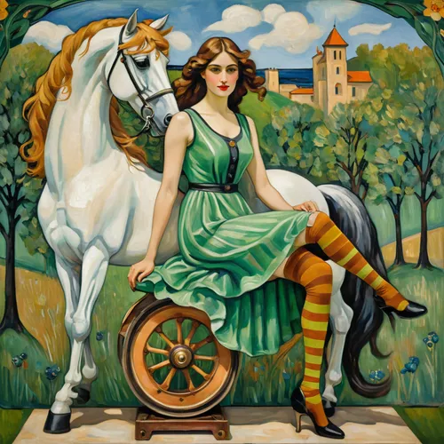 ((a woman sits on a large white flat model of a horse facing us from above))+++, ((the model has iron wheels on her legs))++++, ((figurative art))+++ +++, (( fresco in Art Nouveau style))++++, ((woman