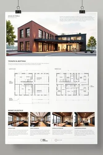 A professional architectural presentation board with a Pure background and a clean, minimalist design layout. The board includes:
Top Section: On the top left, a photorealistic render of a contempora