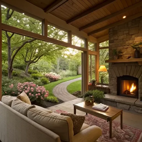 fireplaces,fire place,fireplace,landscaped,summer cottage,beautiful home,outdoor furniture,front porch,home landscape,fireside,family room,summer house,outdoor dining,fire pit,mid century modern,porch