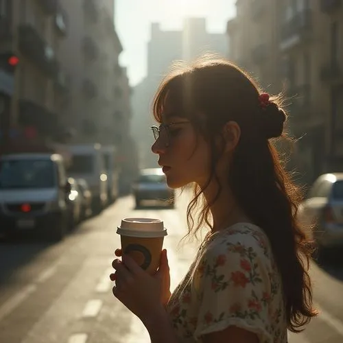 a young woman standing on the side of a street with a drink,woman drinking coffee,coffee to go,drinking coffee,french coffee,street shot,cafes,coffee background,coffee break,drink coffee,coffee,boulev
