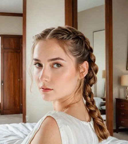 An illustration of a beautiful caucasian young woman with long brown hair and a braid, 21 years old, dressed in a white minidress with neckline, standing on her back with her head tilted backward, gaz