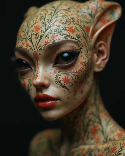 The image features a stunningly detailed artistic representation of a humanoid figure with an otherworldly aesthetic. The figure has large, expressive eyes and a unique head shape, complemented by poi