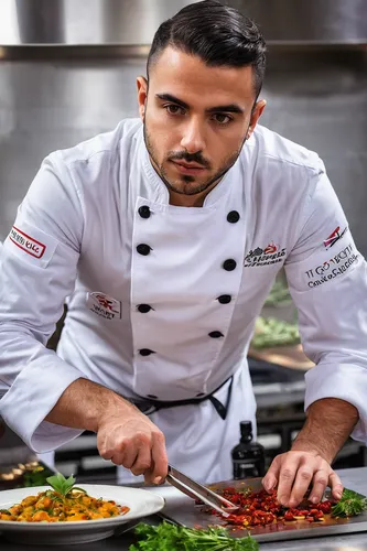 Imagine Thiago Aspas as a renowned chef competing in a prestigious cooking competition, using his culinary skills to impress the discerning judges.,men chef,chef,chef's uniform,food preparation,chefs 