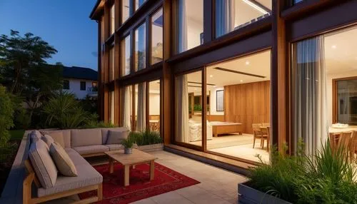 a room with sofas, tables and chairs,contemporary decor,smart home,verandahs,glass facade,wooden windows,wooden decking,core renovation,block balcony,wood deck,modern house,contemporary,exterior decor
