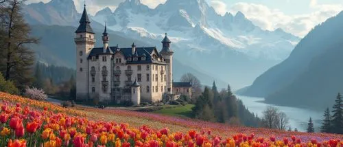 a picturesque Swiss castle with shades of white, black, taupe and light pink with a iconic snowcapped mountain, a prominent blue waterfall, and plain with colorful red, pink, yellow, and purple flower