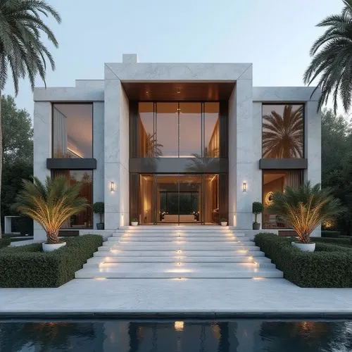 A hyper-realistic, high-resolution architectural photograph capturing a grand, ultra-modern luxury mansion at twilight. The building’s façade is composed of smooth white stone panels contrasted with s