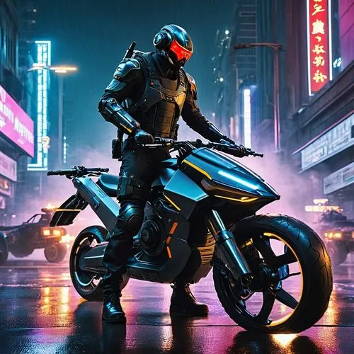 In the heart of Night City, neon lights flicker against the rain-soaked streets. A mercenary leans against his modified hoverbike, exhaling smoke into the humid air. His cybernetic arm whirs softly as