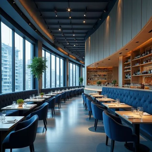 Interior, Japanese and European restaurant, blue, silver and white tones, curves, luxury, modern.


,a restaurant with dark blue seating and tall windows,arzak,enoteca,new york restaurant,restaurante,