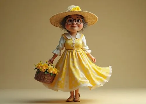 A short, plump grandmother of about 70 years old in a straw hat with yellow flowers on her eyes, sunglasses, a long yellow and white old-fashioned summer dress with flowers, a basket with yellow flowe