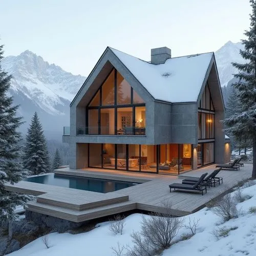 A hyper-realistic, high-resolution architectural photograph of a luxurious, alpine-style modern villa nestled in a mountainous landscape. The home features a prominent A-frame roof and is constructed