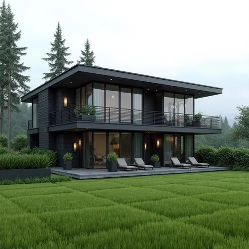 A sleek, contemporary two-story home composed of clean, geometric lines and a sophisticated monochromatic palette of charcoal, graphite, and soft gray. The façade features large windows framed by slim
