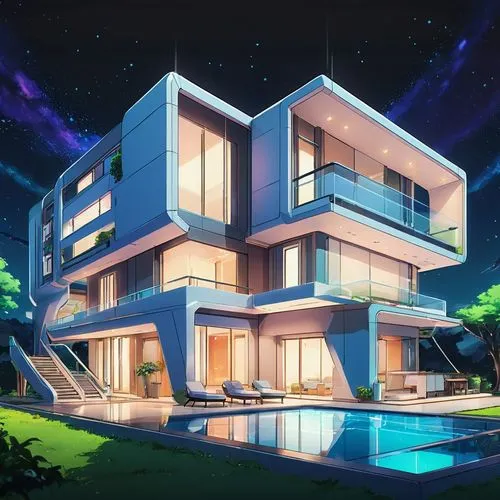 A very beautiful modern futuristic house with neutral colors. ,the view of a night scene shows a two story house on its own side,modern house,cubic house,cube house,modern architecture,contemporary,sk