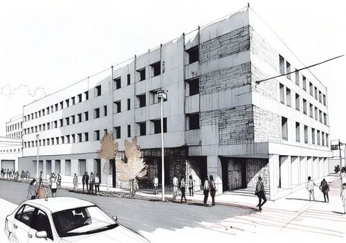 a drawing of a building with lots of windows,redevelopment,facade painting,multistory,facade panels,facade insulation,new building,urban design,redeveloped,street plan,headquarter,redevelop,school des