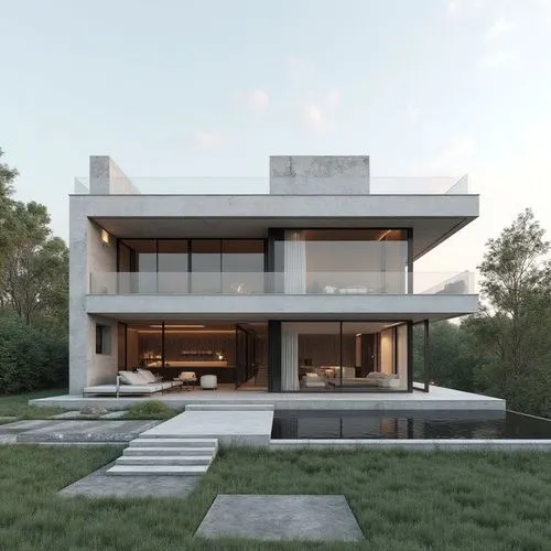 Exactly THREE full visible floors, identical floor heights, never generate a two-story villa. Timeless contemporary minimalist villa with strong horizontal composition, two interlocking horizontal vol
