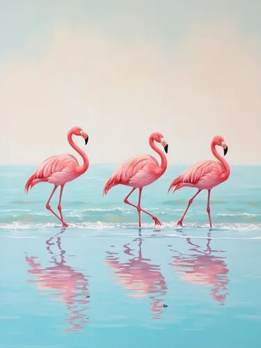 acrylic painting of Flamingos in soft pink tones walking along the water’s edge by maira kalman and janet hill, pastel-colored reflections in the water, gouache, fauvism, realism, pink, white, blue, a