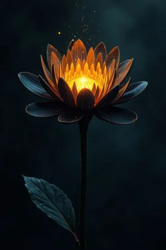 An ethereal, detailed digital illustration featuring a black flower with a dense layer of petals. The flower is a stunning focal point, its petals a swirl of vibrant yellow and orange, enveloped by a 
