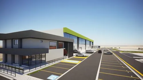 “Render arquitectónico de un complejo industrial moderno. En primer plano, se muestra un edificio administrativo de dos niveles con un diseño contemporáneo, que combina acabados en concreto gris, deta