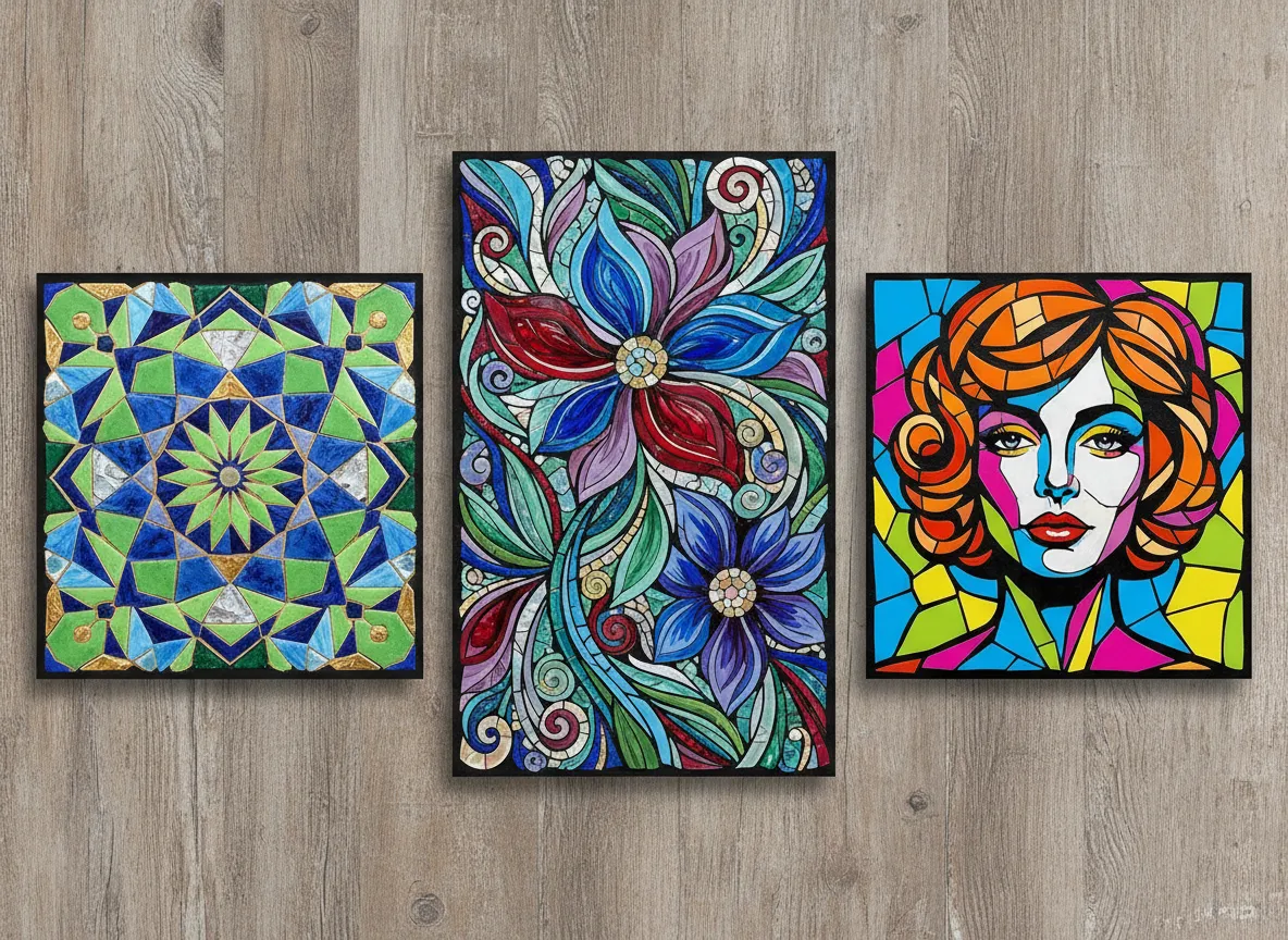 Un collage che mostra diversi stili di arte del mosaico, tra cui un pattern geometrico, un disegno floreale astratto e un ritratto pop art.