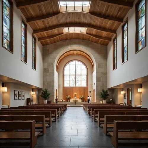 Contemporary church interior, minimalist altar, sleek wooden pews, stained glass windows, vaulted ceilings, natural stone walls, ambient soft lighting, subtle color palette, modern sculptures, abstrac
