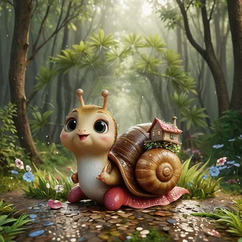 an adorable little snail is in the middle of a forest,snail,garden snail,nut snail,land snail,whimsical animals,snail shell,fairy forest,acorns,acorn,fairy house,cute cartoon character,gastropod,escar