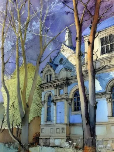 Особняк в парке, весна, солнце ,an artistic painting of a building with trees,plane trees,jacaranda trees,conservatoire,photo painting,impressionism,jacarandas