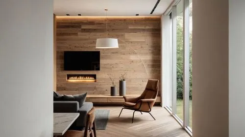 a couple of chairs are sitting by a fire place,fire place,interior modern design,contemporary decor,modern minimalist lounge,fireplace,modern living room,modern decor,wooden wall,modern room,wood wind