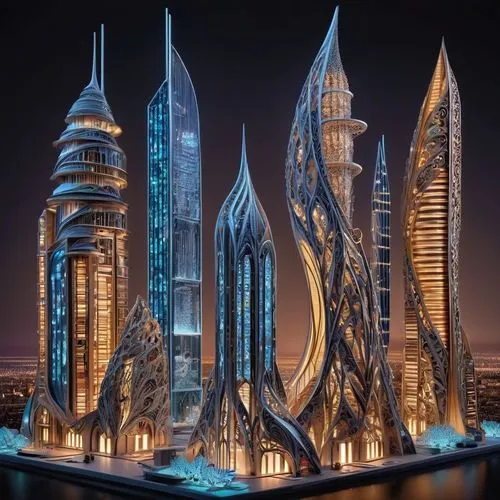 Futuristic architectural digest, design show 2024, modern skyscraper, sleek lines, metallic materials, glass façade, neon lights, holographic advertisements, bustling cityscape, evening atmosphere, pa