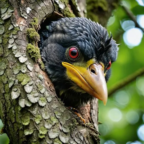 A Taiwan barbet peeks out of its nest hole in the tree trunk, gazing at the outside world with innocent eyes. Using a long-distance camera, an extreme close-up shot is taken. Focus on the bird's head 