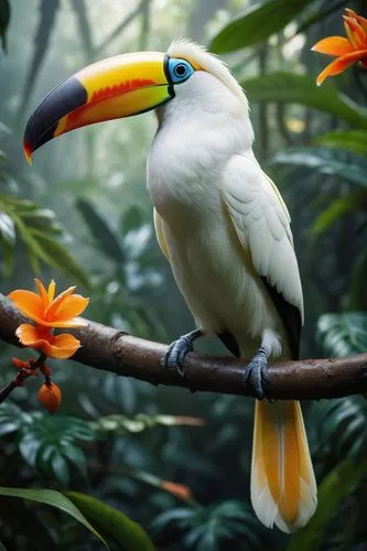 Albino Toucan, rare genetic mutation, vibrant white feathers, orange beak, bright inquisitive eyes, perched on a branch, tropical rainforest, exotic flowers, misty atmosphere, warm sunlight filtering 