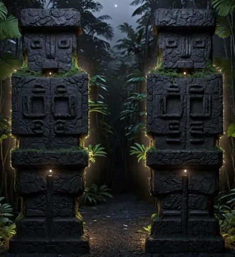 two decorative columns with light glowing on them in the middle of a jungle,totems,totem,garden statues,carved wall,carvings,monoliths,mausoleum ruins,tombstones,shrines,gravestones,stone figures,ston