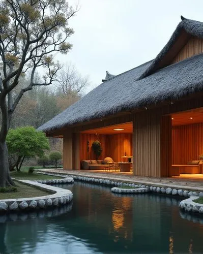 ,a house with a water feature and sitting area,asian architecture,amanresorts,ryokan,japanese-style room,pool house,ryokans