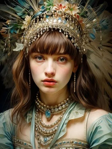 mystical portrait of a girl,faery,fantasy portrait,faerie,headdress,fairy queen,feather headdress,fantasy art,fairy tale character,baroque angel,little girl fairy,child fairy,girl portrait,diadem,ador
