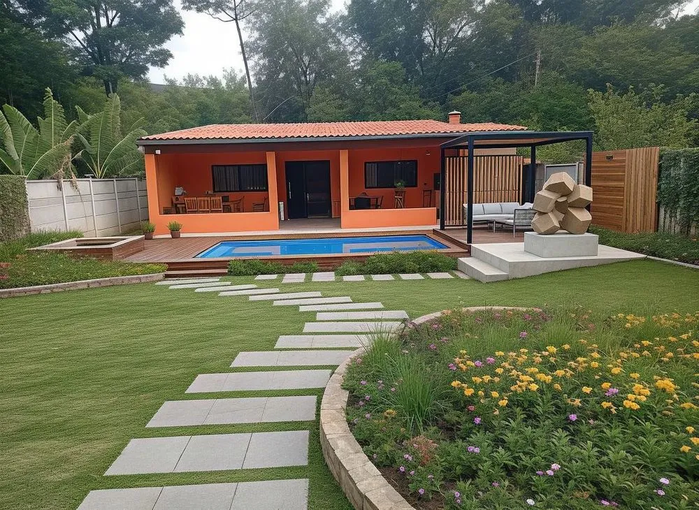 the back yard has an orange color with stone steps that lead to the patio area and a small blue pool in between two separate spaces
