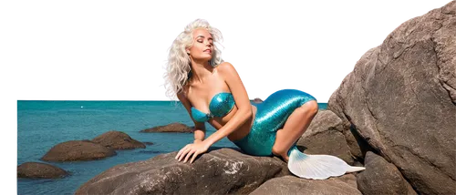 Free mermaid, underwater, shimmering scales, flowing hair, bright turquoise tail, sparkly fins, seashell bra, pearl necklace, relaxed posture, reclining on a rock, soft ocean lighting, warm color tone