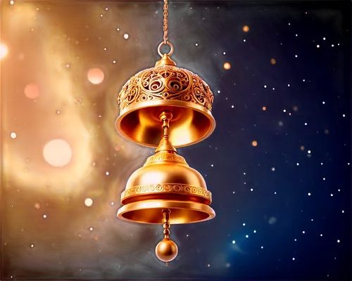 Golden bell, shiny surface, intricate patterns, rounded shape, hanging from ceiling, gentle swing, soft focus, warm lighting, 3/4 composition, shallow depth of field, metallic material, reflective tex
