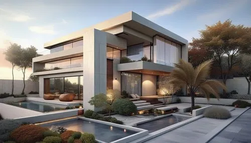 a large white modern style house with a large swimming pool,modern house,3d rendering,prefab,residencial,modern architecture,fresnaye