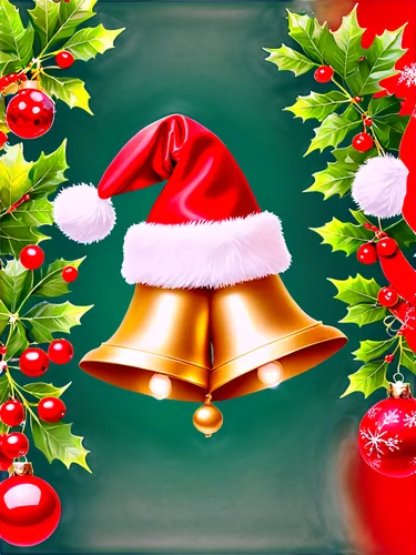 Merry Christmas clip art, Santa hat, red coat, white fur trim, golden bell, green holly leaves, bright red berries, shiny star decorations, sparkly snowflakes, festive colorful ornaments, glittering g
