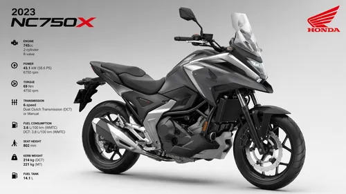 Honda NC750x, production year 2023
,a po of a motorcycle with a japanese writing underneath it,specifications,motorcycle battery,race bike,electric motorcycle,type 220 a,no motorbike,type 200,220 s,mo